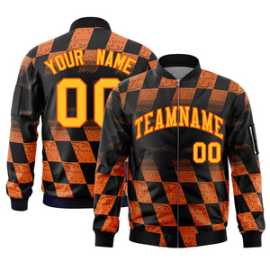 Custom Black Orange Grid Varsity Full-Zip Color Block Letterman Bomber Jacket