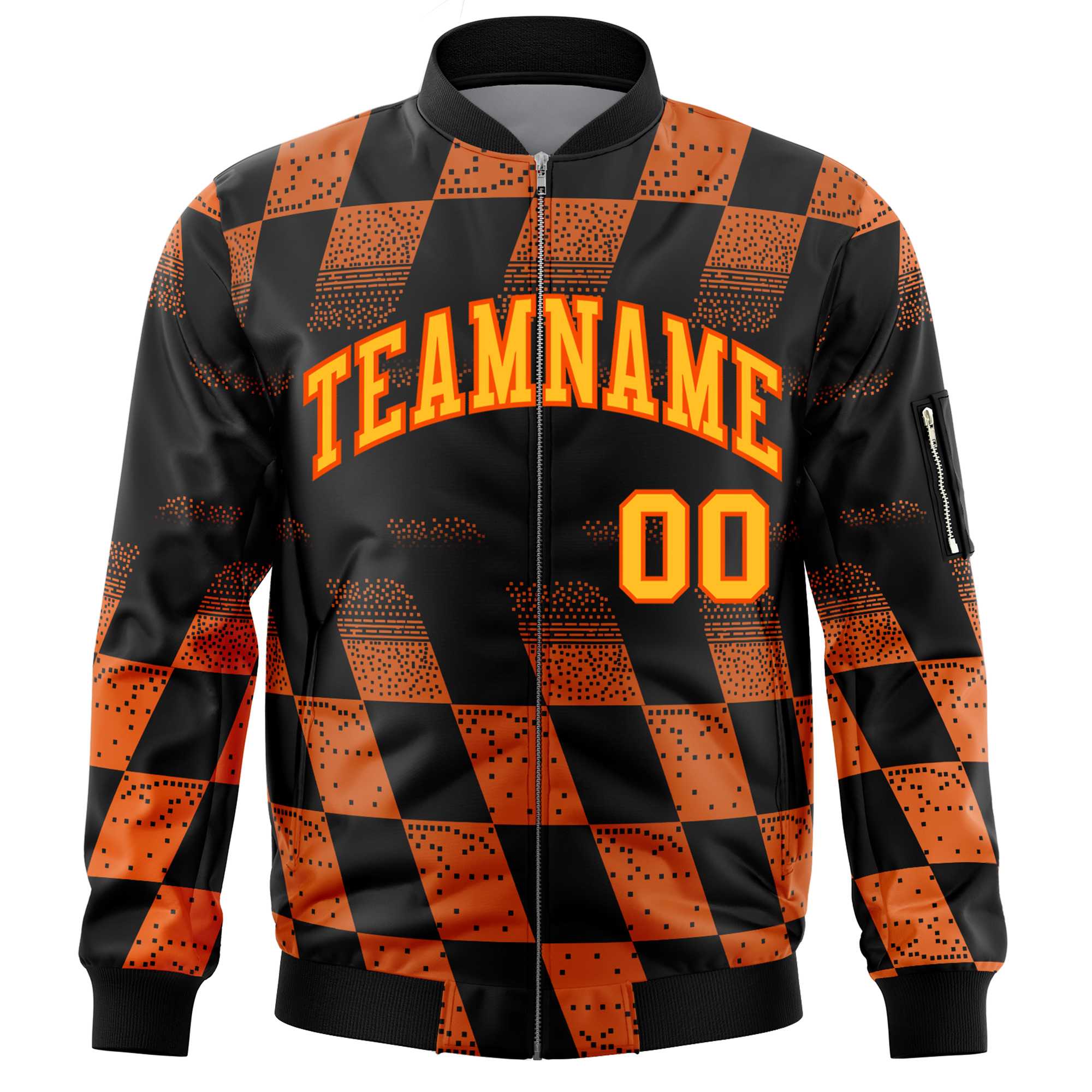 Custom Black Orange Grid Varsity Full-Zip Color Block Letterman Bomber Jacket