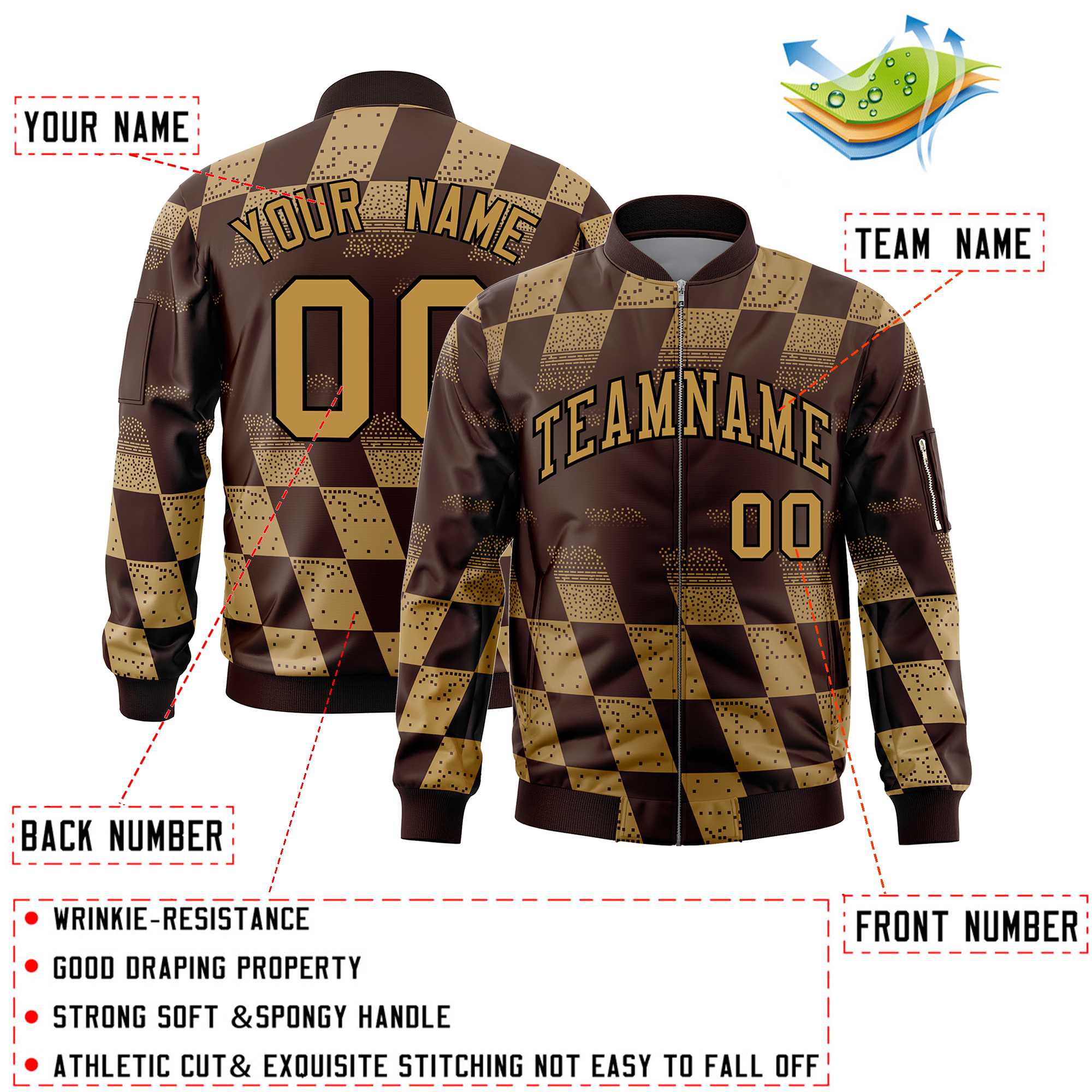 Custom Brown Old Gold Grid Varsity Full-Zip Color Block Letterman Bomber Jacket