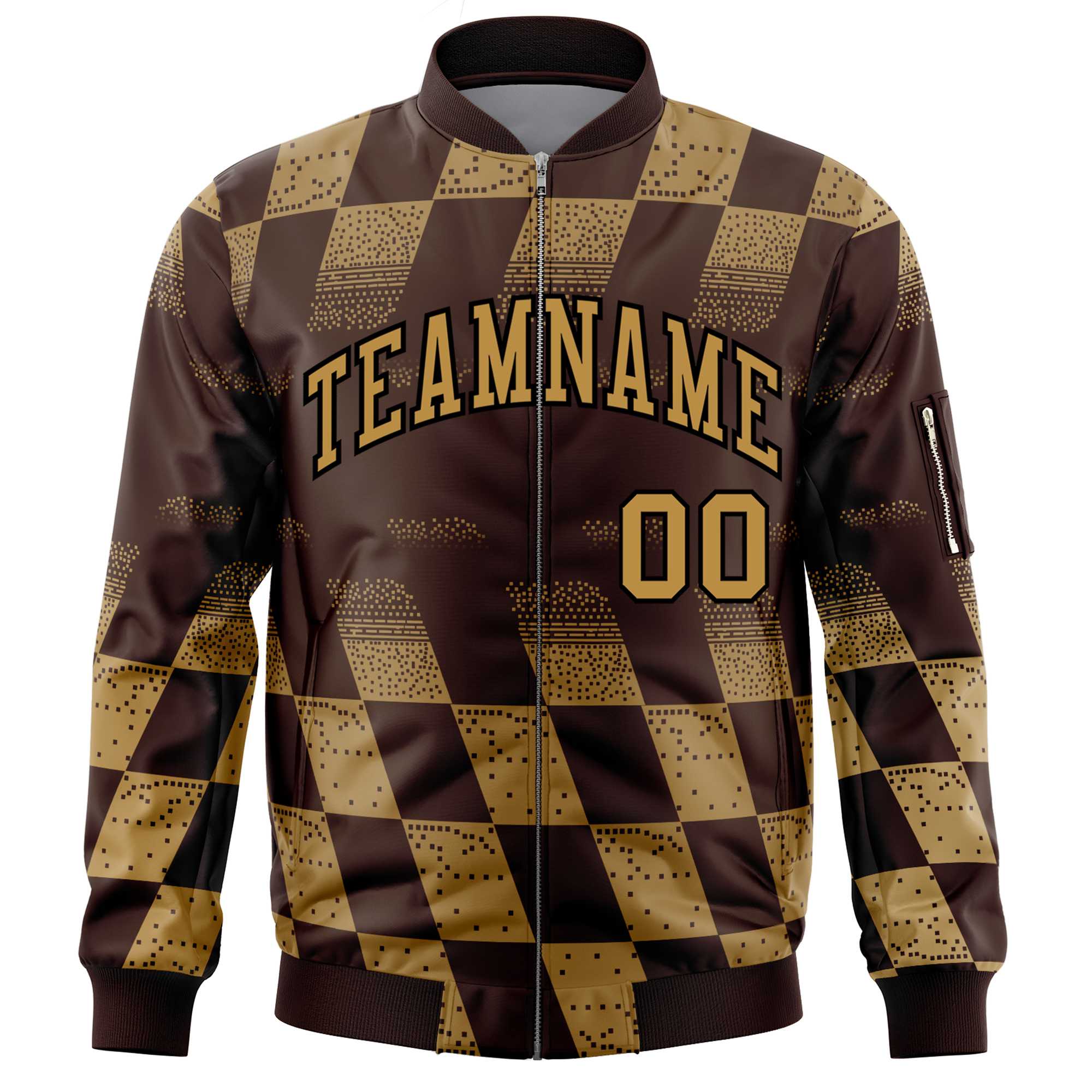 Custom Brown Old Gold Grid Varsity Full-Zip Color Block Letterman Bomber Jacket