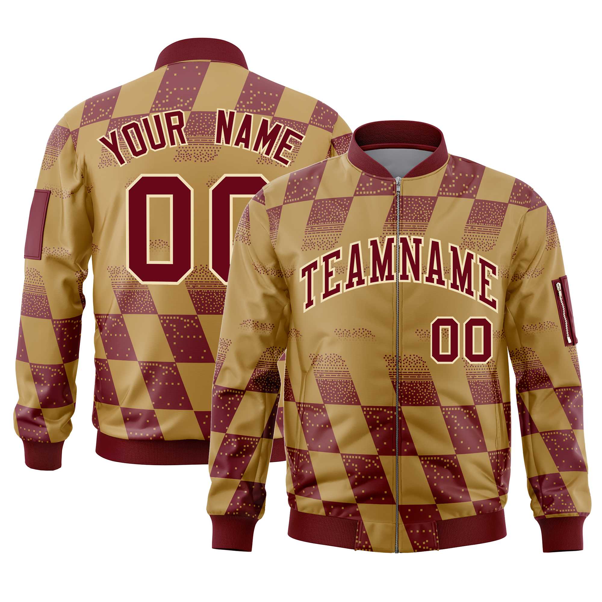 Custom Old Gold Crimson Grid Varsity Full-Zip Color Block Letterman Bomber Jacket