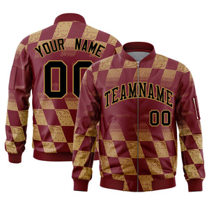 Custom Crimson Old Gold Grid Varsity Full-Zip Color Block Letterman Bomber Jacket