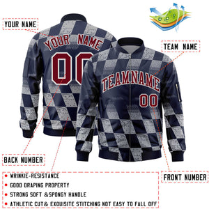 Custom Navy Gray Grid Varsity Full-Zip Color Block Letterman Bomber Jacket