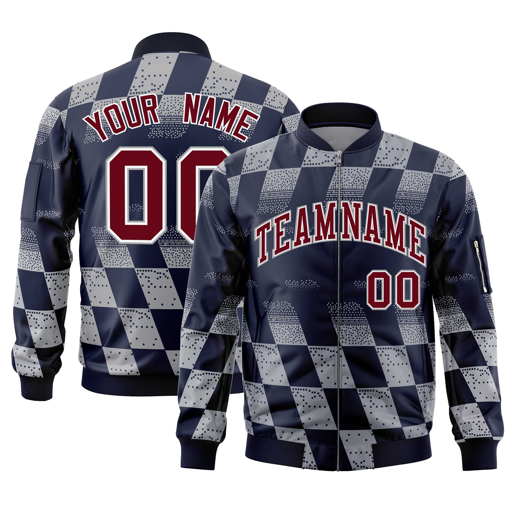 Custom Navy Gray Grid Varsity Full-Zip Color Block Letterman Bomber Jacket