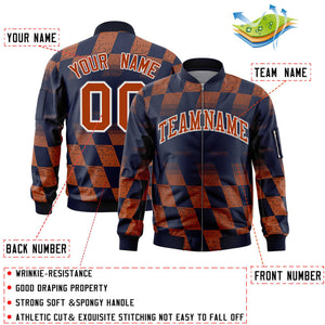 Custom Navy Orange Grid Varsity Full-Zip Color Block Letterman Bomber Jacket