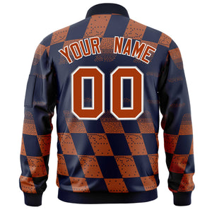 Custom Navy Orange Grid Varsity Full-Zip Color Block Letterman Bomber Jacket