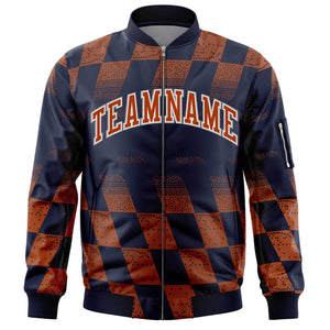 Custom Navy Orange Grid Varsity Full-Zip Color Block Letterman Bomber Jacket