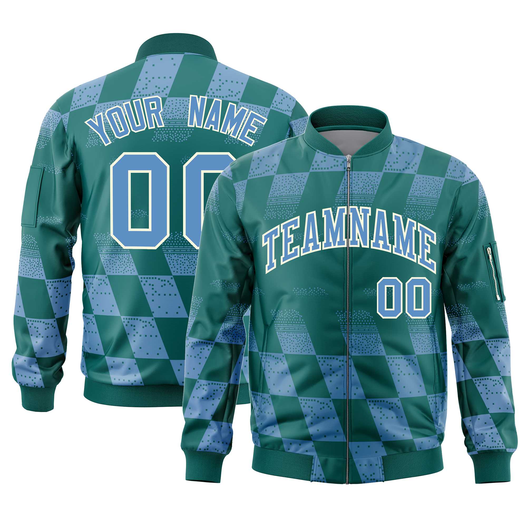 Custom Aqua Lt Blue Grid Varsity Full-Zip Color Block Letterman Bomber Jacket