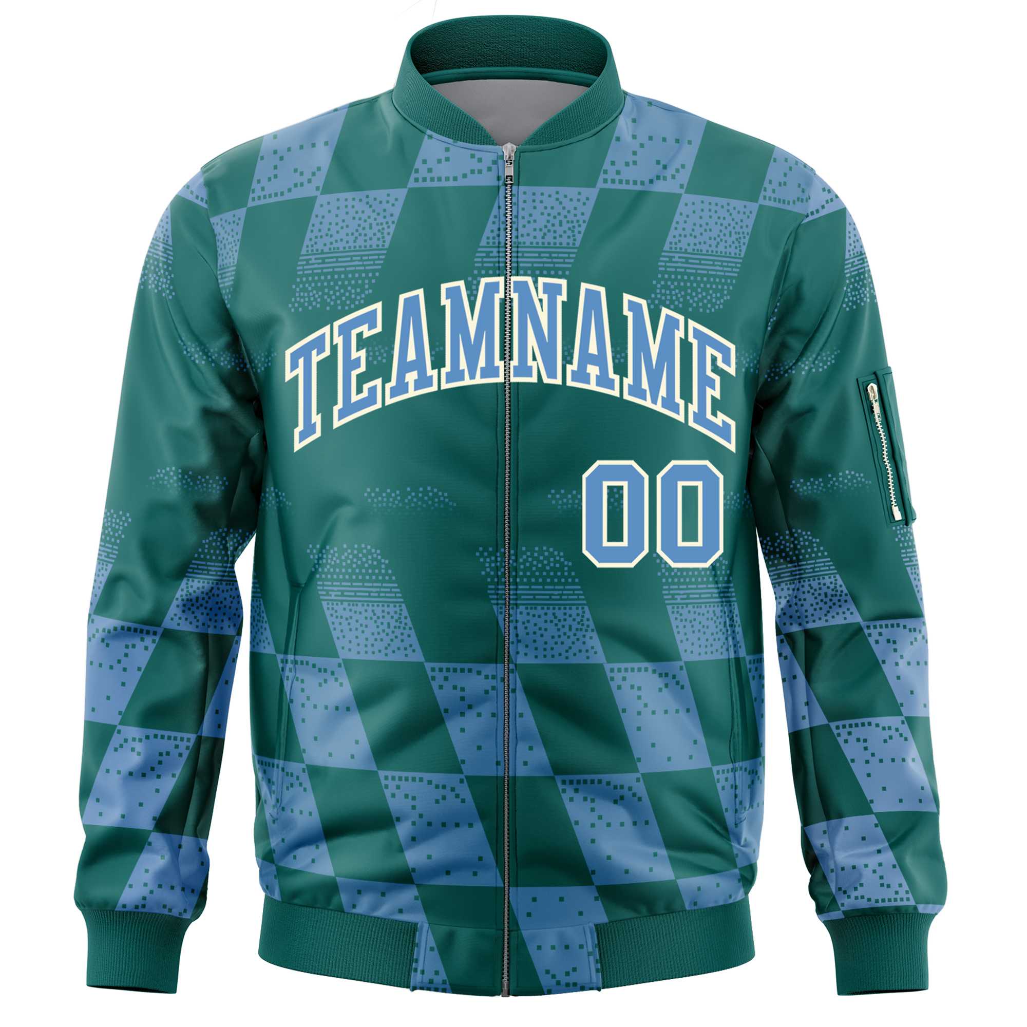 Custom Aqua Lt Blue Grid Varsity Full-Zip Color Block Letterman Bomber Jacket