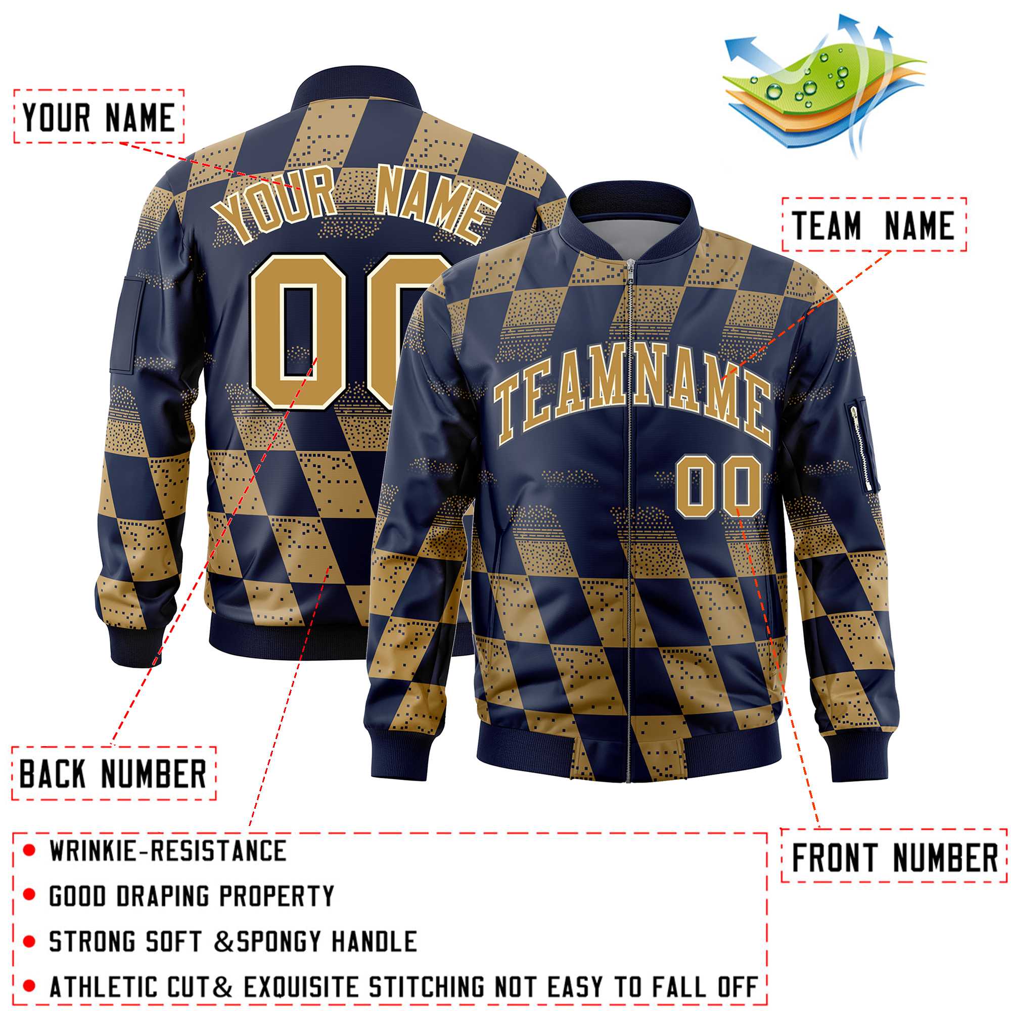 Custom Navy Old Gold Grid Varsity Full-Zip Color Block Letterman Bomber Jacket