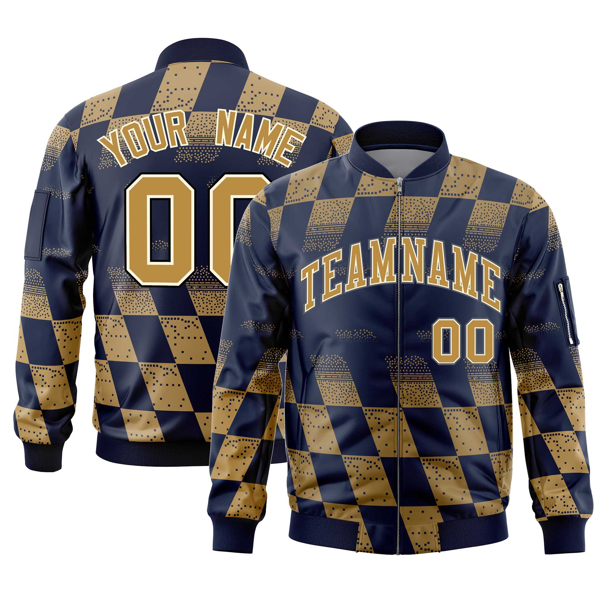 Custom Navy Old Gold Grid Varsity Full-Zip Color Block Letterman Bomber Jacket