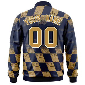 Custom Navy Old Gold Grid Varsity Full-Zip Color Block Letterman Bomber Jacket