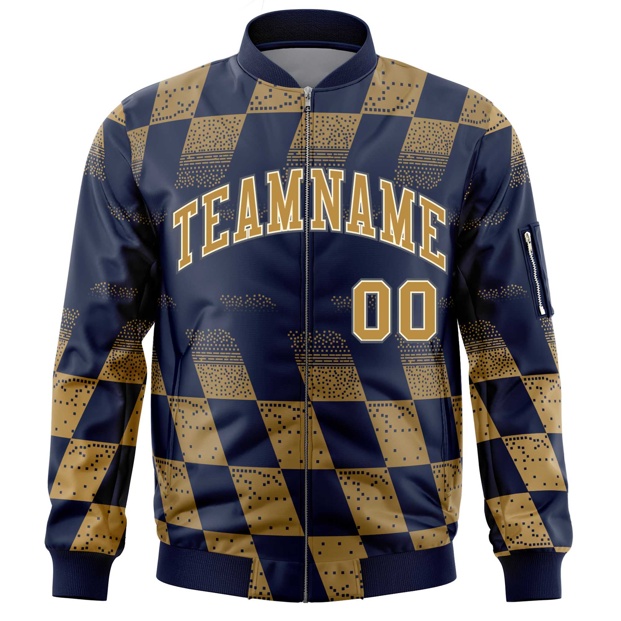 Custom Navy Old Gold Grid Varsity Full-Zip Color Block Letterman Bomber Jacket