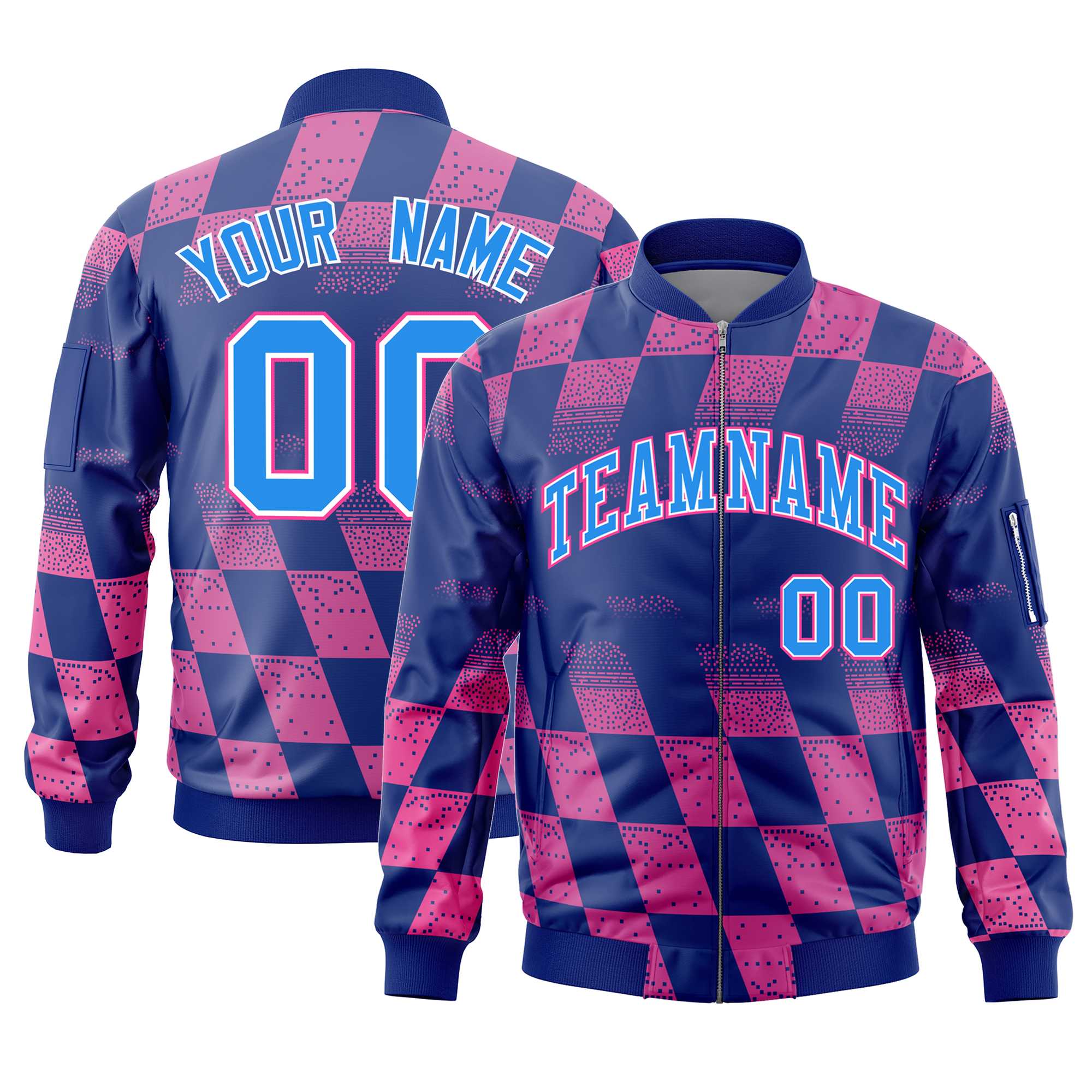 Custom Royal Pink Grid Varsity Full-Zip Color Block Letterman Bomber Jacket