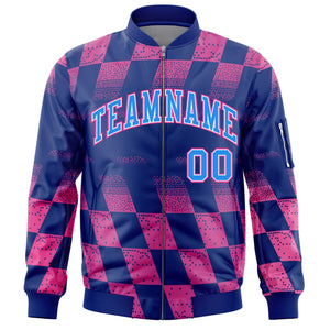 Custom Royal Pink Grid Varsity Full-Zip Color Block Letterman Bomber Jacket