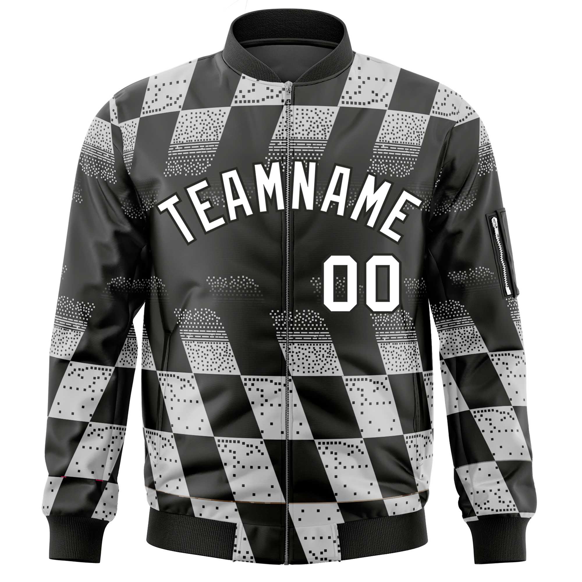 Custom Black White Grid Varsity Full-Zip Color Block Letterman Bomber Jacket