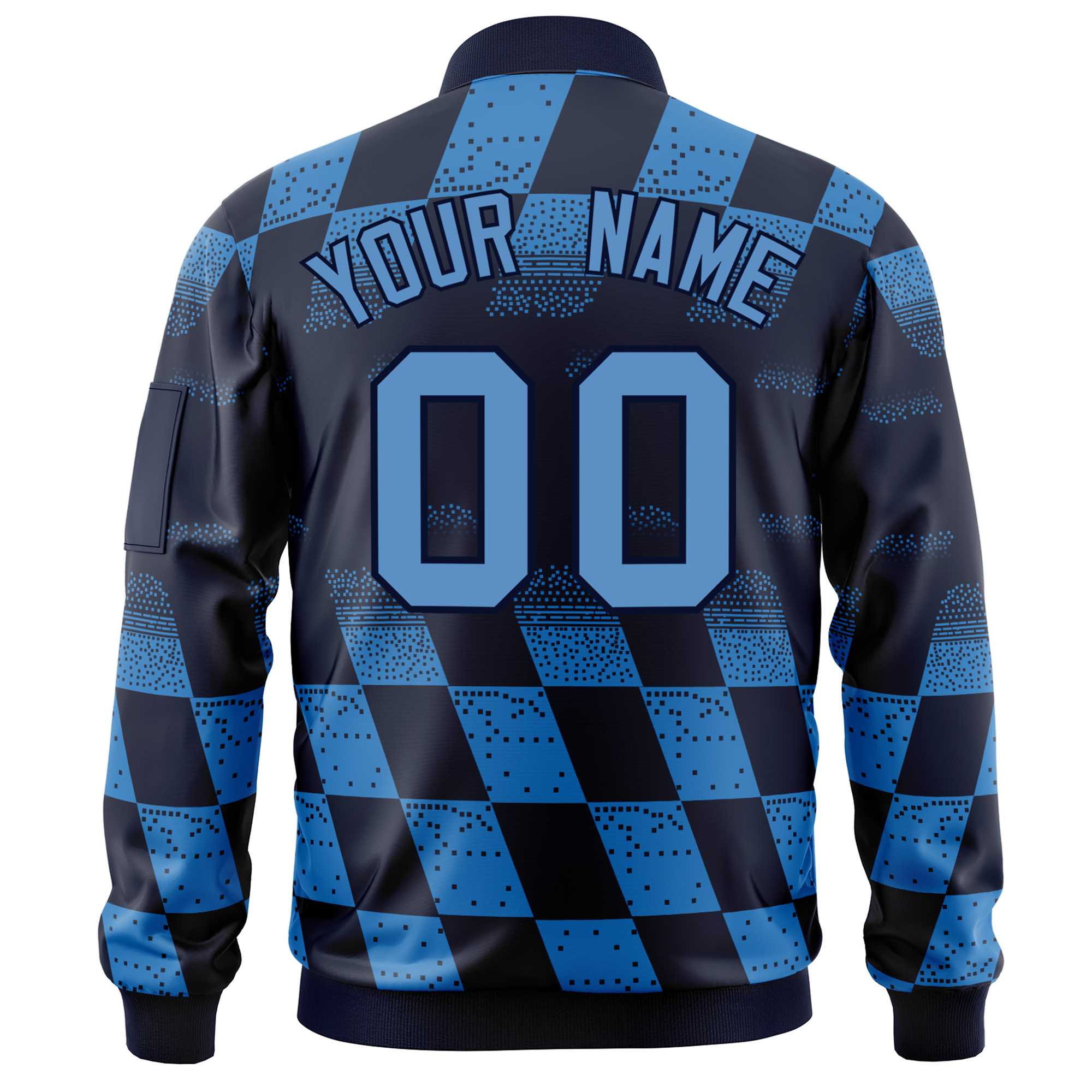 Custom Navy Powder Blue Grid Varsity Full-Zip Color Block Letterman Bomber Jacket