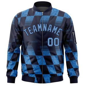 Custom Navy Powder Blue Grid Varsity Full-Zip Color Block Letterman Bomber Jacket