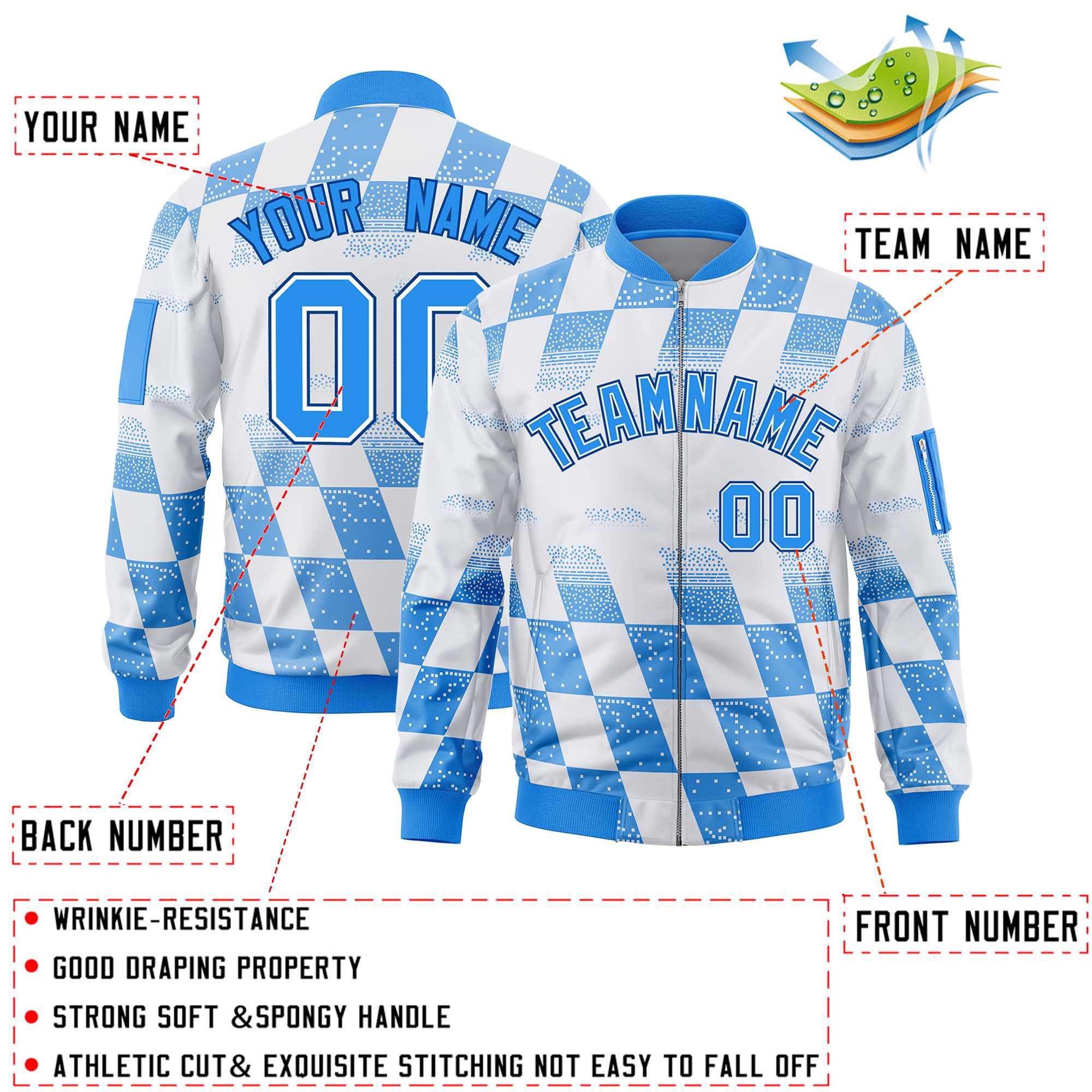 Custom White Powder Blue Grid Varsity Full-Zip Color Block Letterman Bomber Jacket