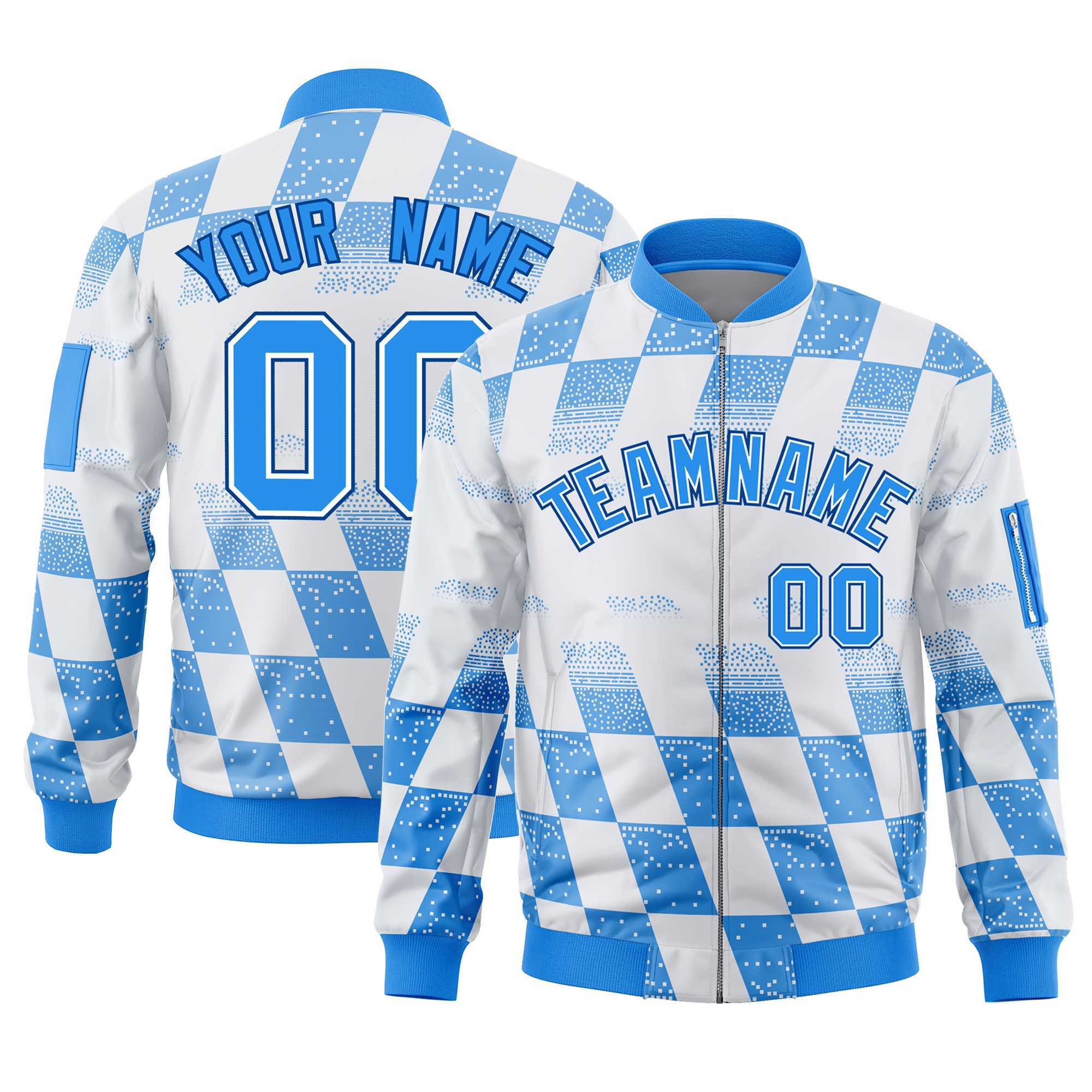 Custom White Powder Blue Grid Varsity Full-Zip Color Block Letterman Bomber Jacket