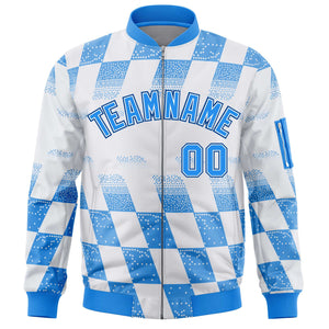 Custom White Powder Blue Grid Varsity Full-Zip Color Block Letterman Bomber Jacket