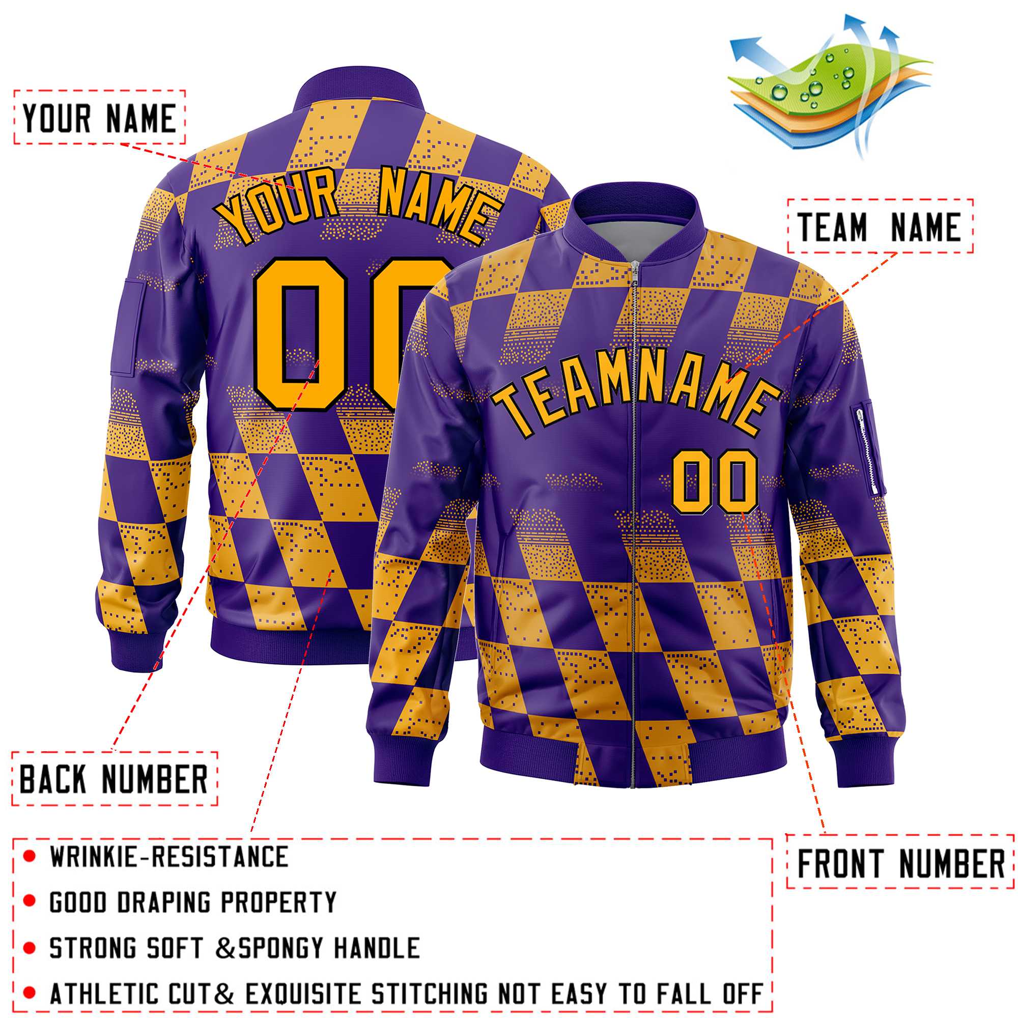 Custom Purple Gold Grid Varsity Full-Zip Color Block Letterman Bomber Jacket