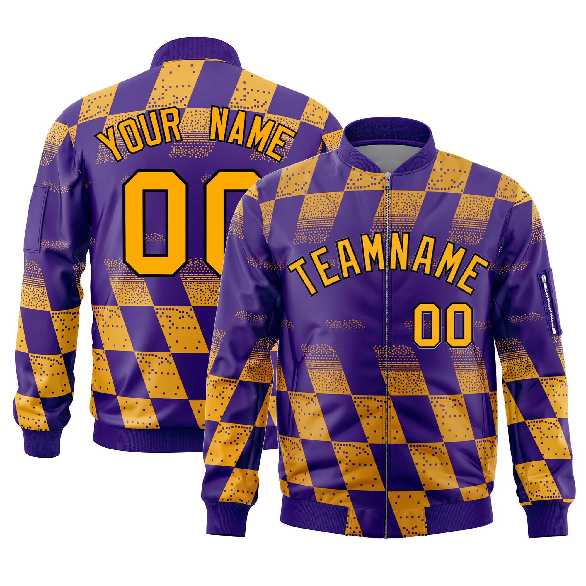 Custom Purple Gold Grid Varsity Full-Zip Color Block Letterman Bomber Jacket