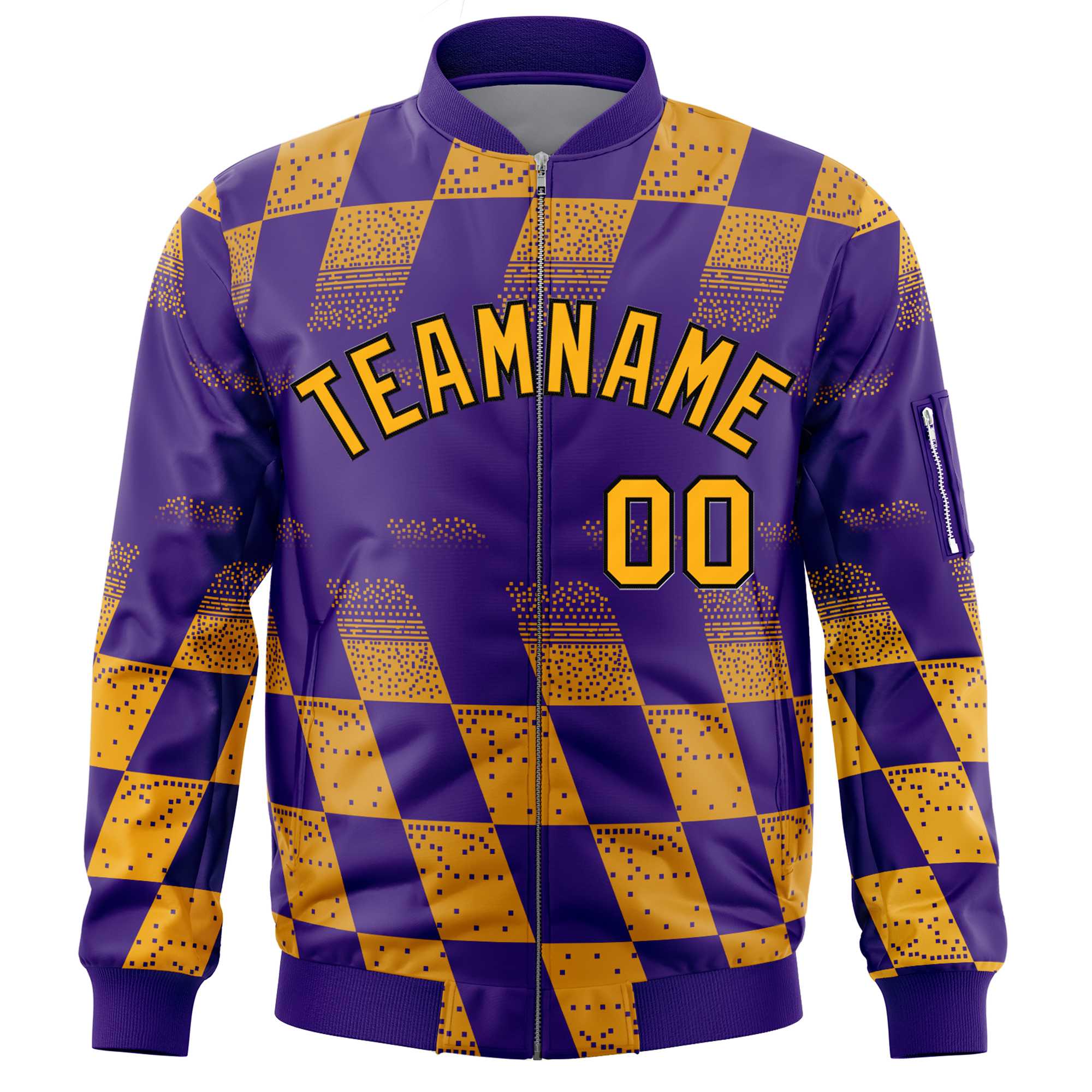 Custom Purple Gold Grid Varsity Full-Zip Color Block Letterman Bomber Jacket