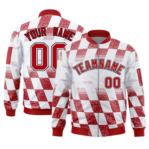 Custom White Red Grid Varsity Full-Zip Color Block Letterman Bomber Jacket