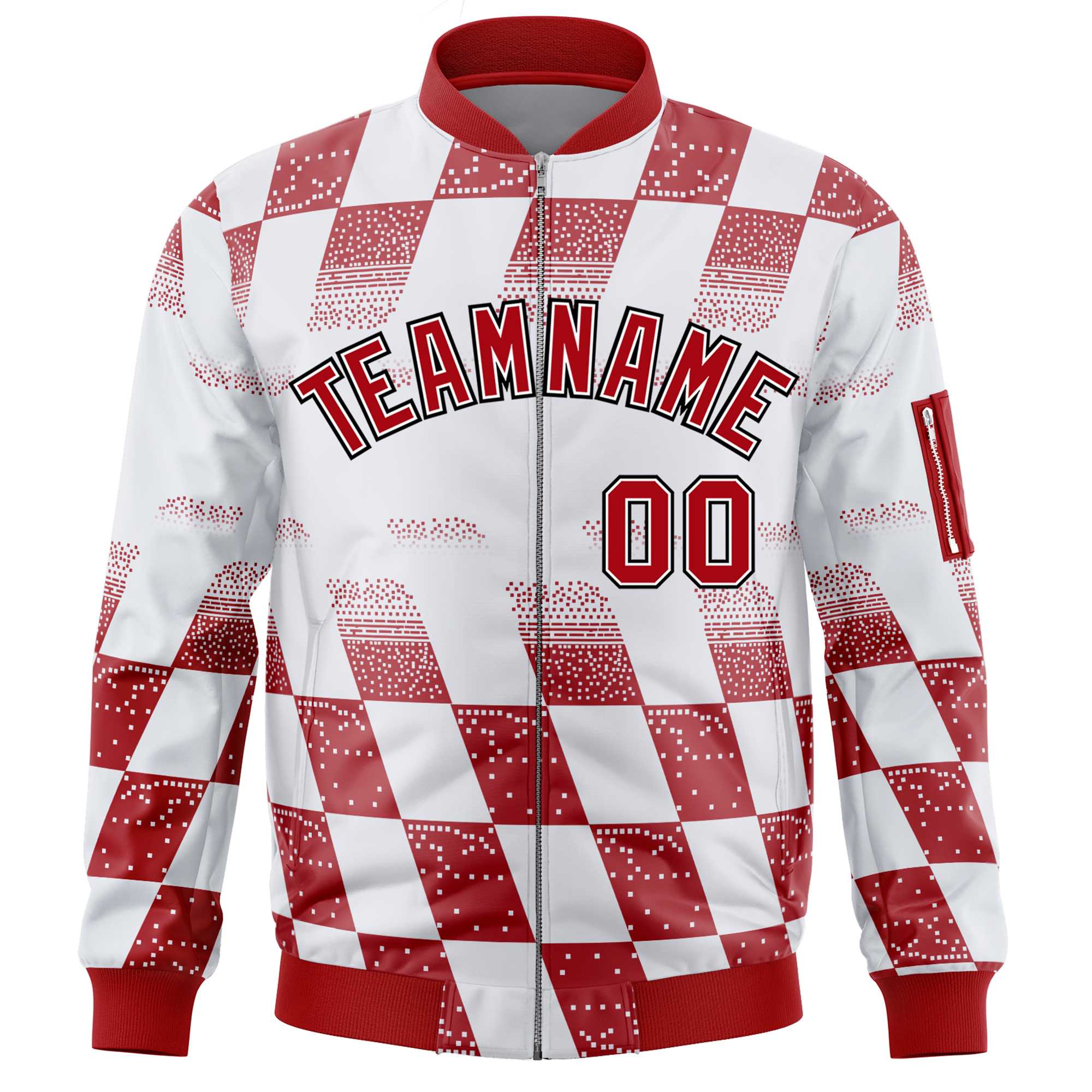 Custom White Red Grid Varsity Full-Zip Color Block Letterman Bomber Jacket