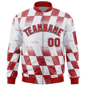 Custom White Red Grid Varsity Full-Zip Color Block Letterman Bomber Jacket