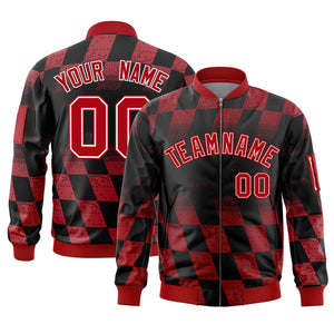 Custom Black Red Grid Varsity Full-Zip Color Block Letterman Bomber Jacket