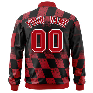 Custom Black Red Grid Varsity Full-Zip Color Block Letterman Bomber Jacket