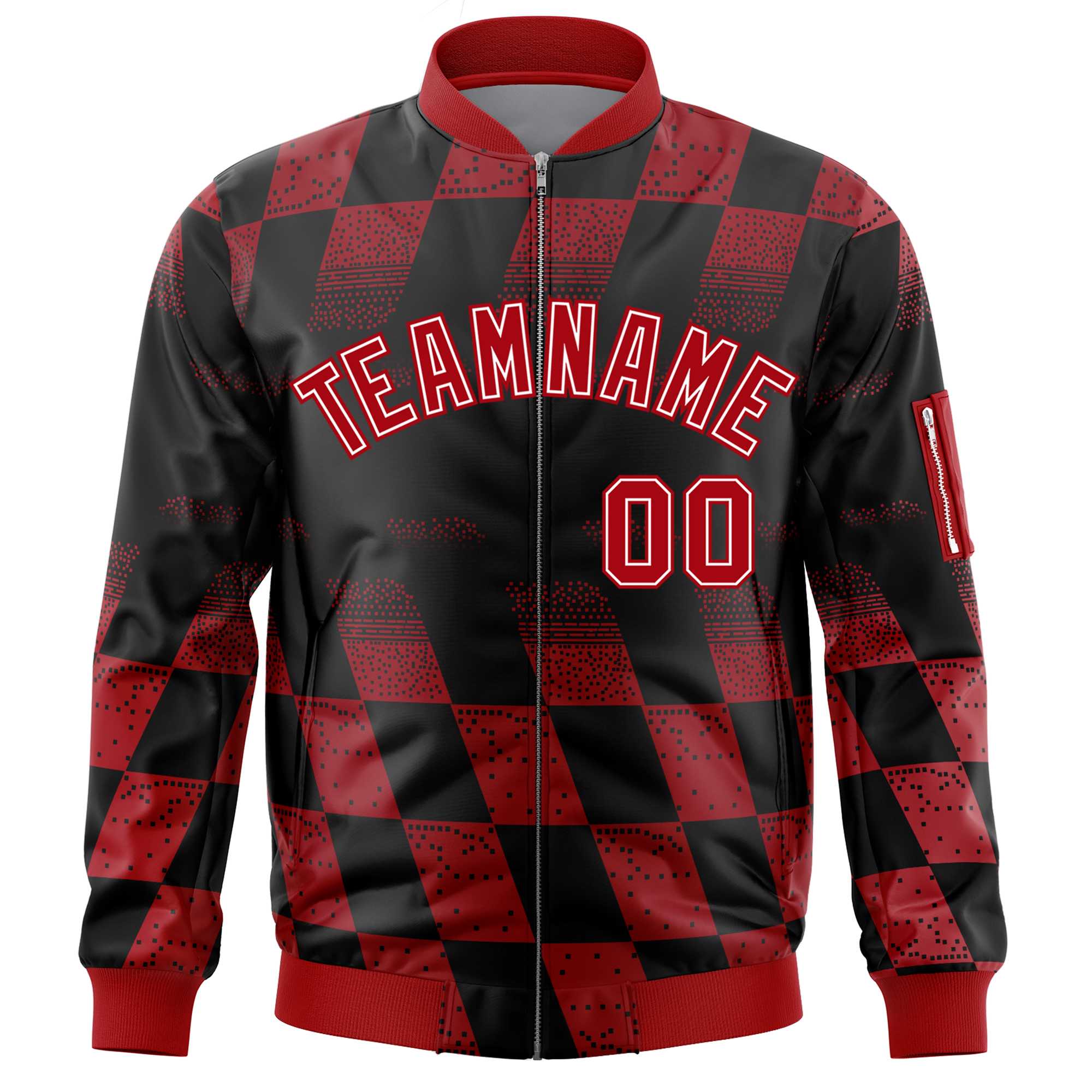 Custom Black Red Grid Varsity Full-Zip Color Block Letterman Bomber Jacket