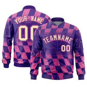 Custom Purple Pink Grid Varsity Full-Zip Color Block Letterman Bomber Jacket