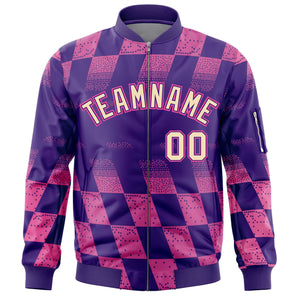 Custom Purple Pink Grid Varsity Full-Zip Color Block Letterman Bomber Jacket