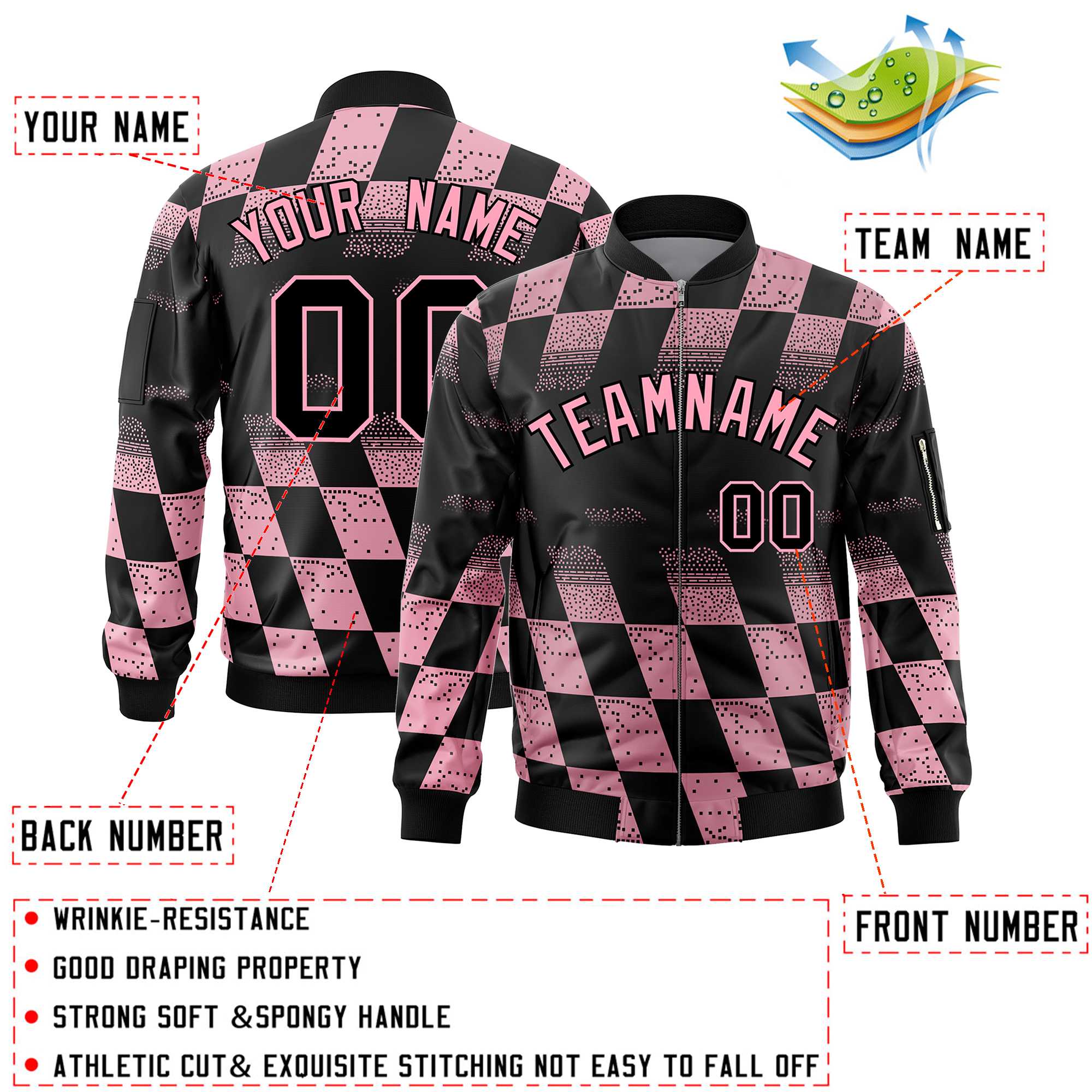 Custom Black Pink Grid Varsity Full-Zip Color Block Letterman Bomber Jacket