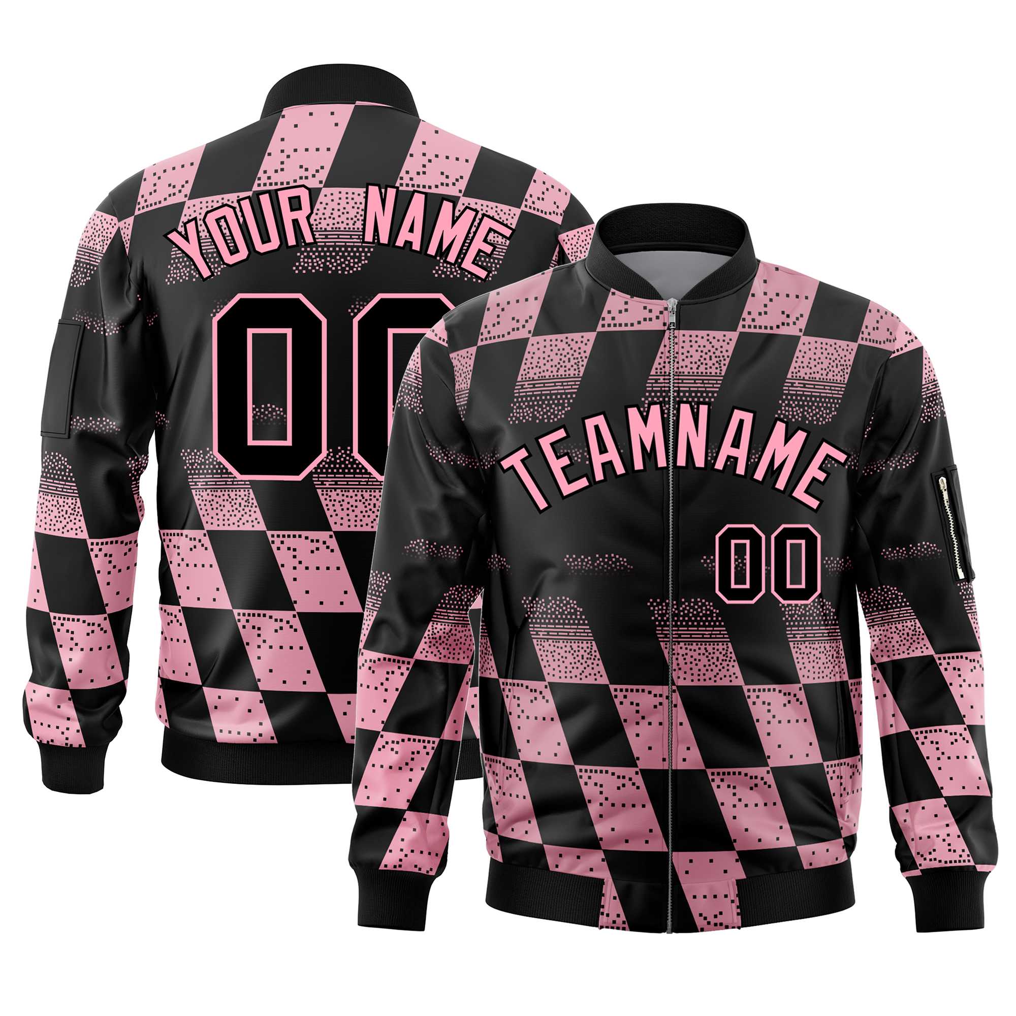 Custom Black Pink Grid Varsity Full-Zip Color Block Letterman Bomber Jacket