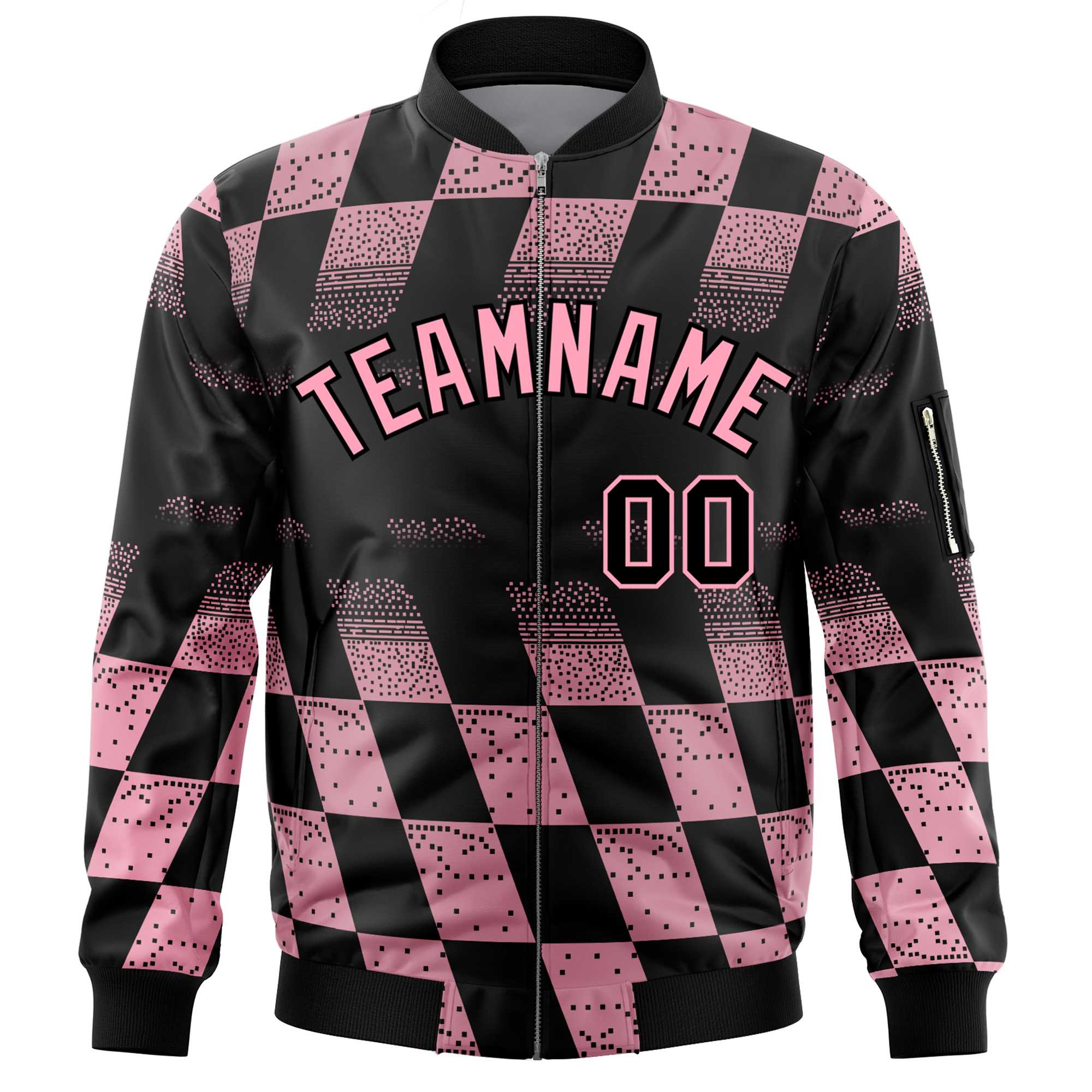 Custom Black Pink Grid Varsity Full-Zip Color Block Letterman Bomber Jacket