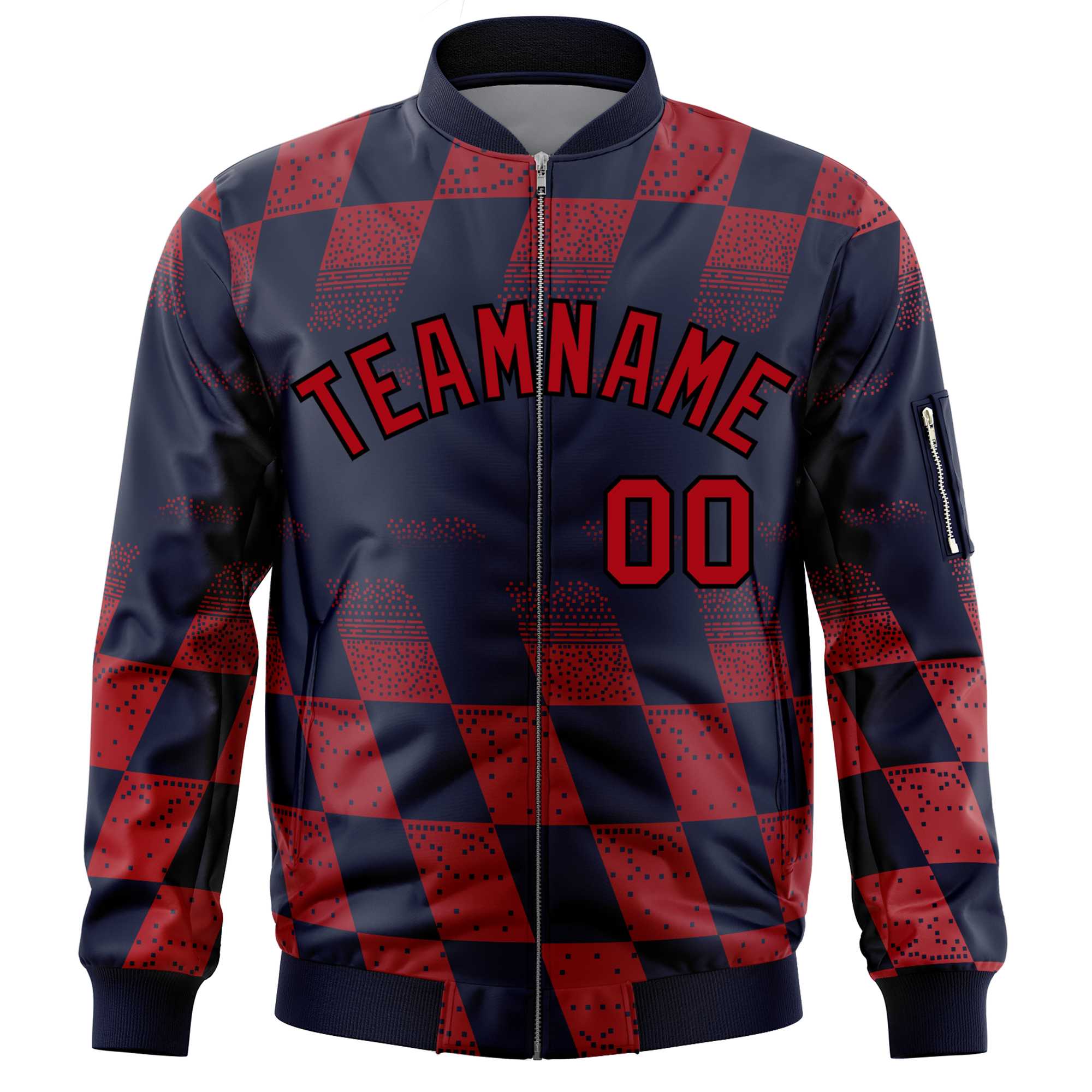 Custom Navy Red Grid Varsity Full-Zip Color Block Letterman Bomber Jacket