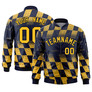 Custom Navy Gold Grid Varsity Full-Zip Color Block Letterman Bomber Jacket