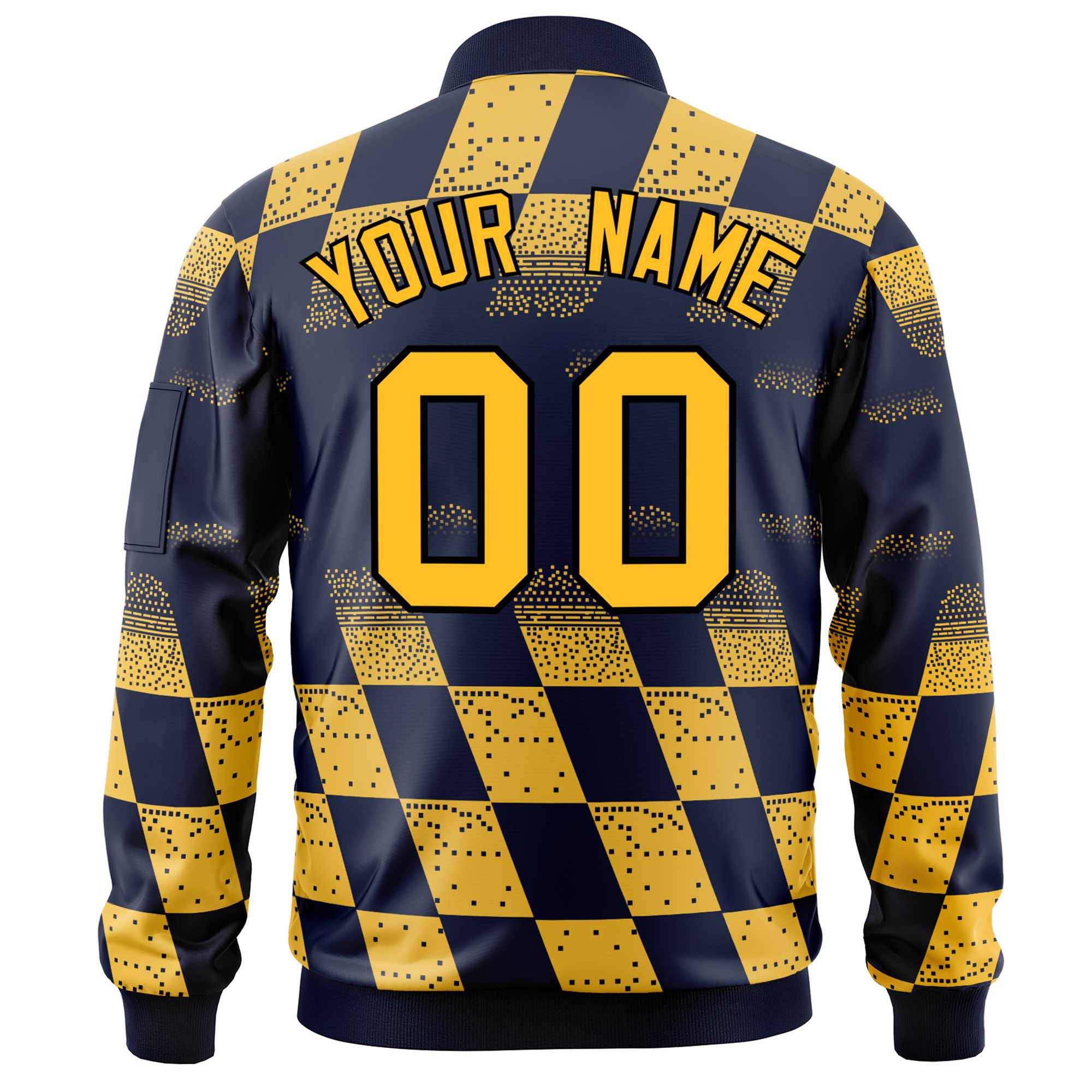 Custom Navy Gold Grid Varsity Full-Zip Color Block Letterman Bomber Jacket