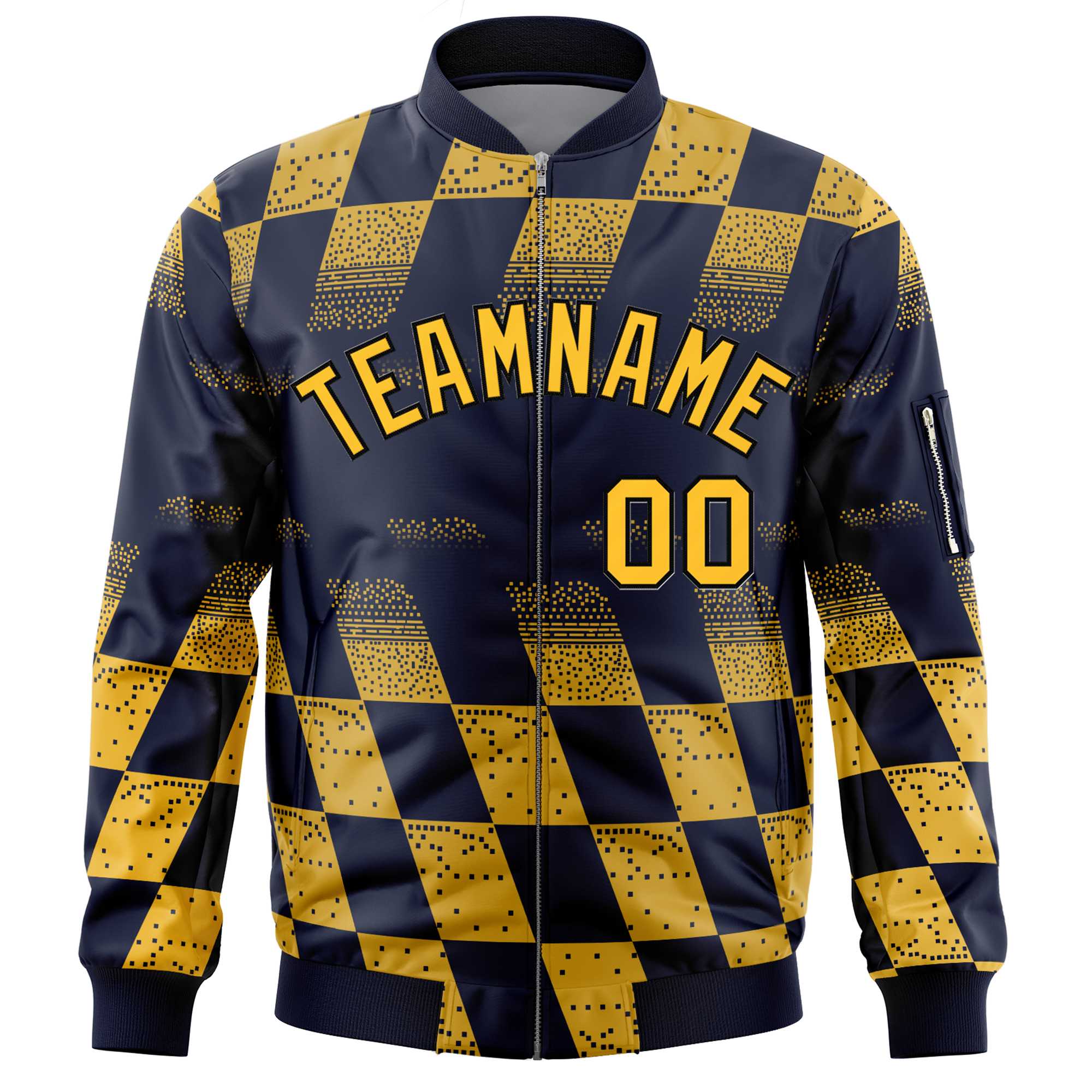 Custom Navy Gold Grid Varsity Full-Zip Color Block Letterman Bomber Jacket