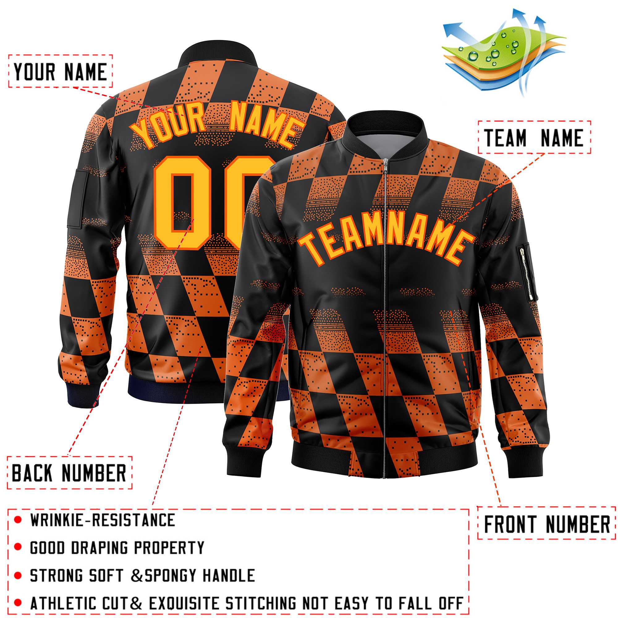 Custom Black Orange Grid Varsity Full-Zip Color Block Letterman Bomber Jacket