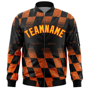 Custom Black Orange Grid Varsity Full-Zip Color Block Letterman Bomber Jacket