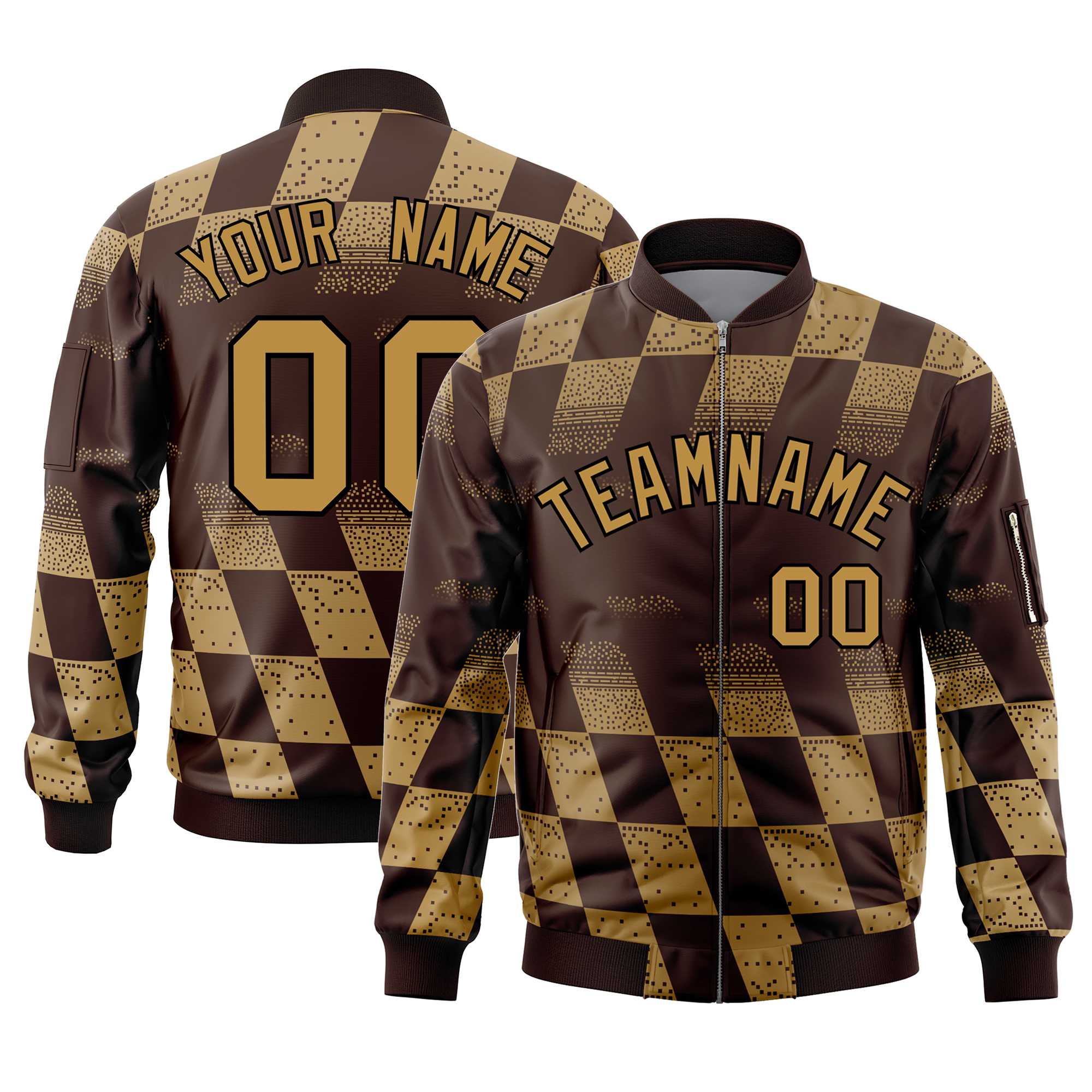 Custom Brown Old Gold Grid Varsity Full-Zip Color Block Letterman Bomber Jacket