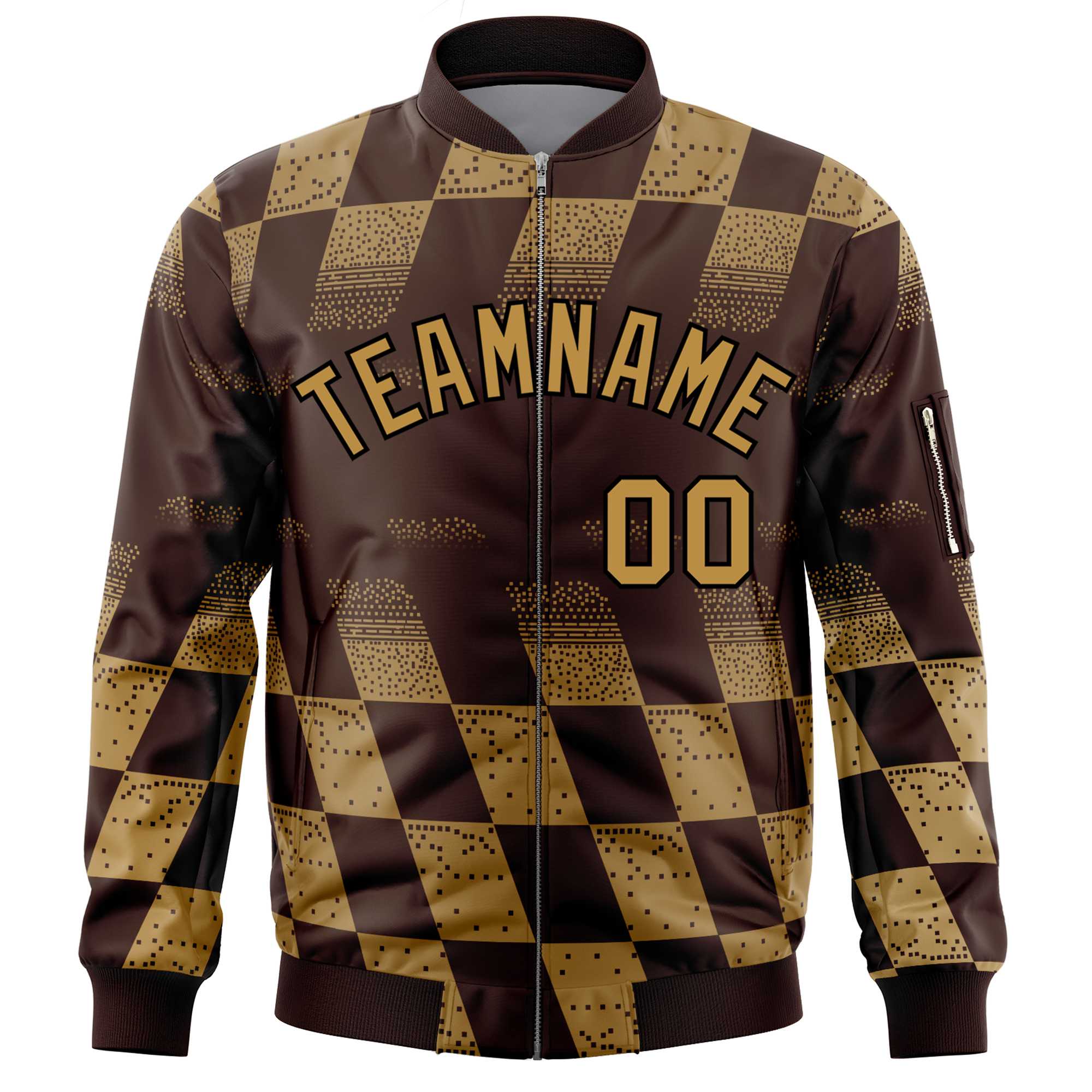 Custom Brown Old Gold Grid Varsity Full-Zip Color Block Letterman Bomber Jacket