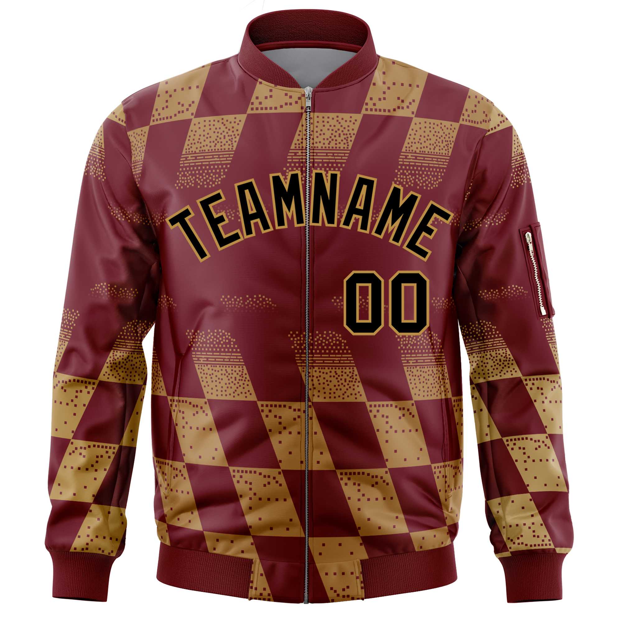 Custom Crimson Old Gold Grid Varsity Full-Zip Color Block Letterman Bomber Jacket