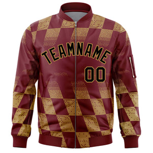 Custom Crimson Old Gold Grid Varsity Full-Zip Color Block Letterman Bomber Jacket