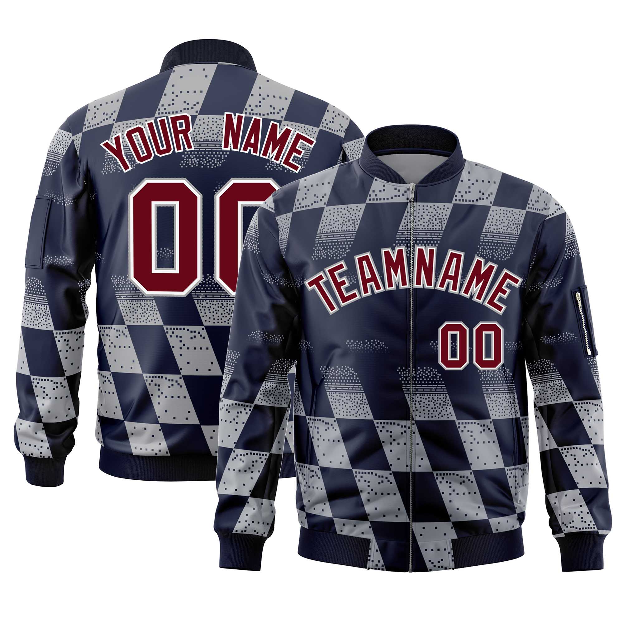 Custom Navy Gray Grid Varsity Full-Zip Color Block Letterman Bomber Jacket